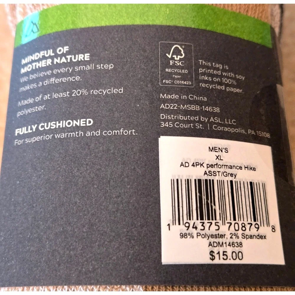 Alpine Design Performance‎ Hiking Sock Men's XL Assorted Grey 4-Pak